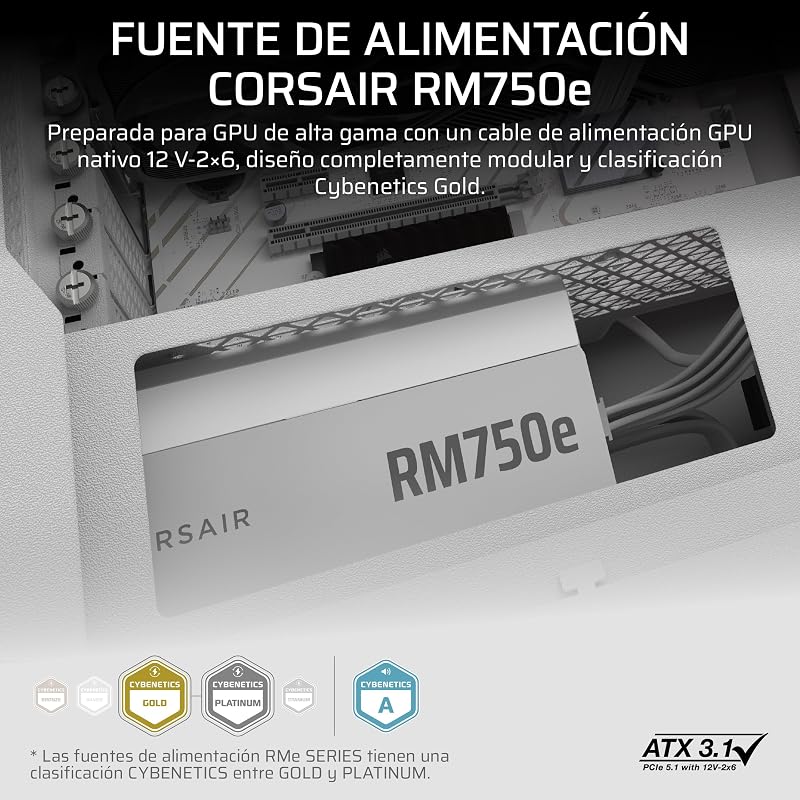RM750e (2025) Fuente de Alimentación ATX Totalmente Modular de Bajo Ruido con Cable 12V-2x6 – Compatible con ATX 3.1 y PCIe 5.1, Eficiencia Cybenetics Gold, Condensadores a 105°C – Blanco