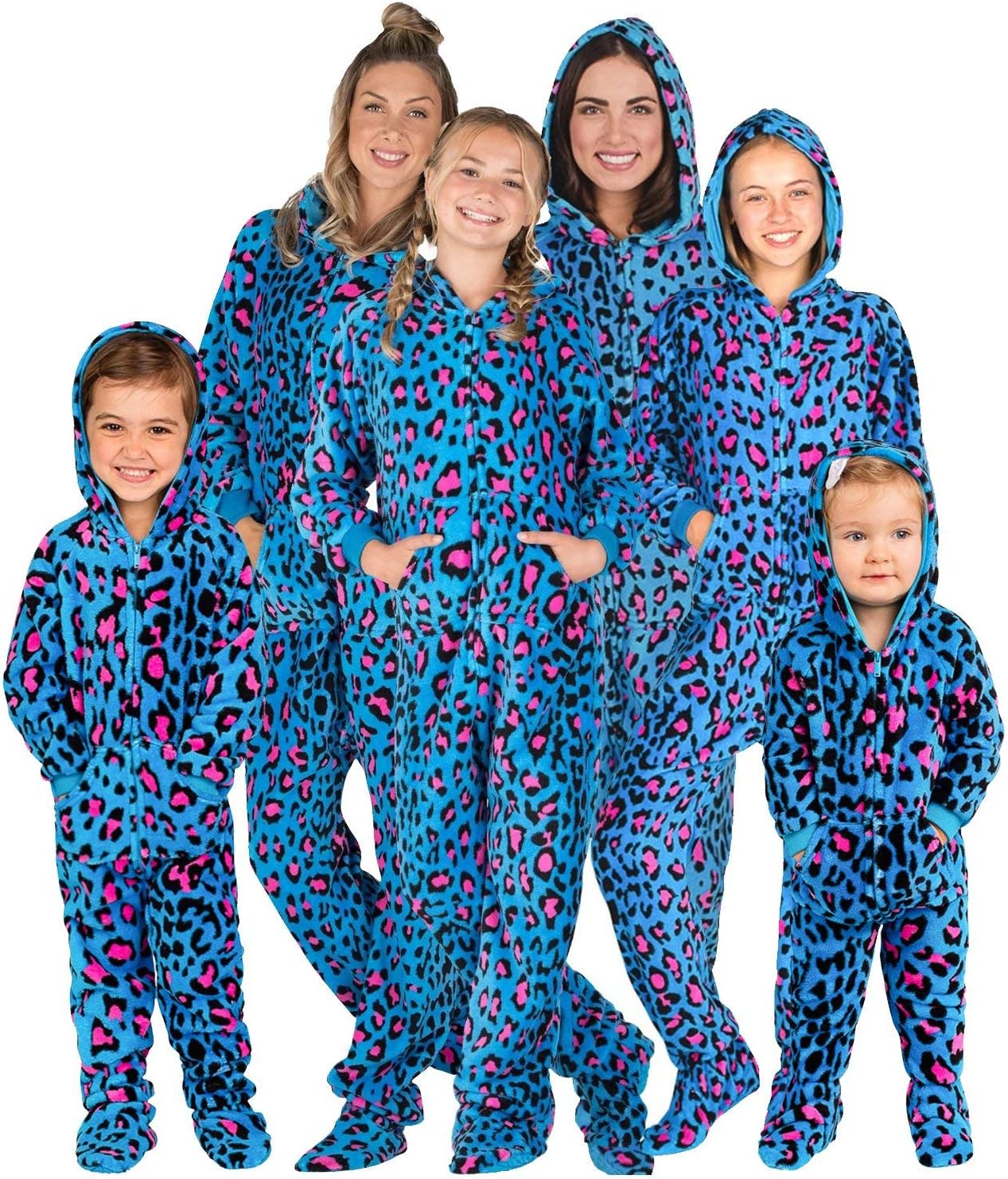 Footed Pajamas - Family Matching Blue Leopard Hoodie Onesies for Boys, Girls, Men, Women and Pets