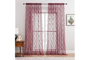 FOLKSIDE Burgundy Lace Curtains 84 Inches Long 2 Panels - Modern Romantic Maroon for Bedroom Living Room, Rod Pocket Light Filtering Sheer French Drapes, Wine Floral Rose Decor, 52x84