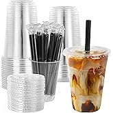 lucdnc 25 Sets - 16oz Disposable Clear Plastic Cups with Lids and Smoothies Straws Party Drinking Cups for Milkshakes,Cold Coffee