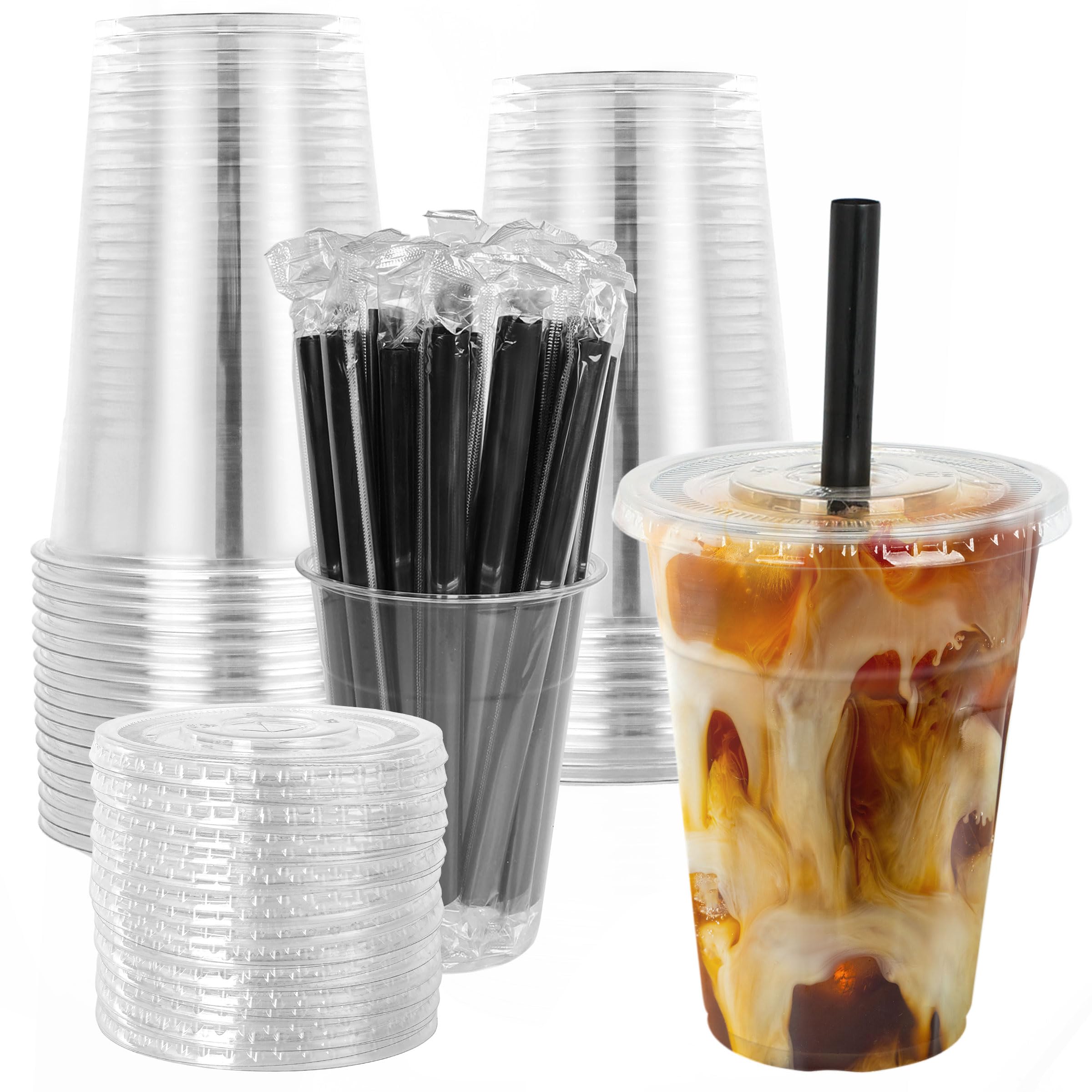 Photo 1 of lucdnc 25 Sets - 16oz Disposable Clear Plastic Cups with Lids and Smoothies Straws Party Drinking Cups for Milkshakes,Cold Coffee