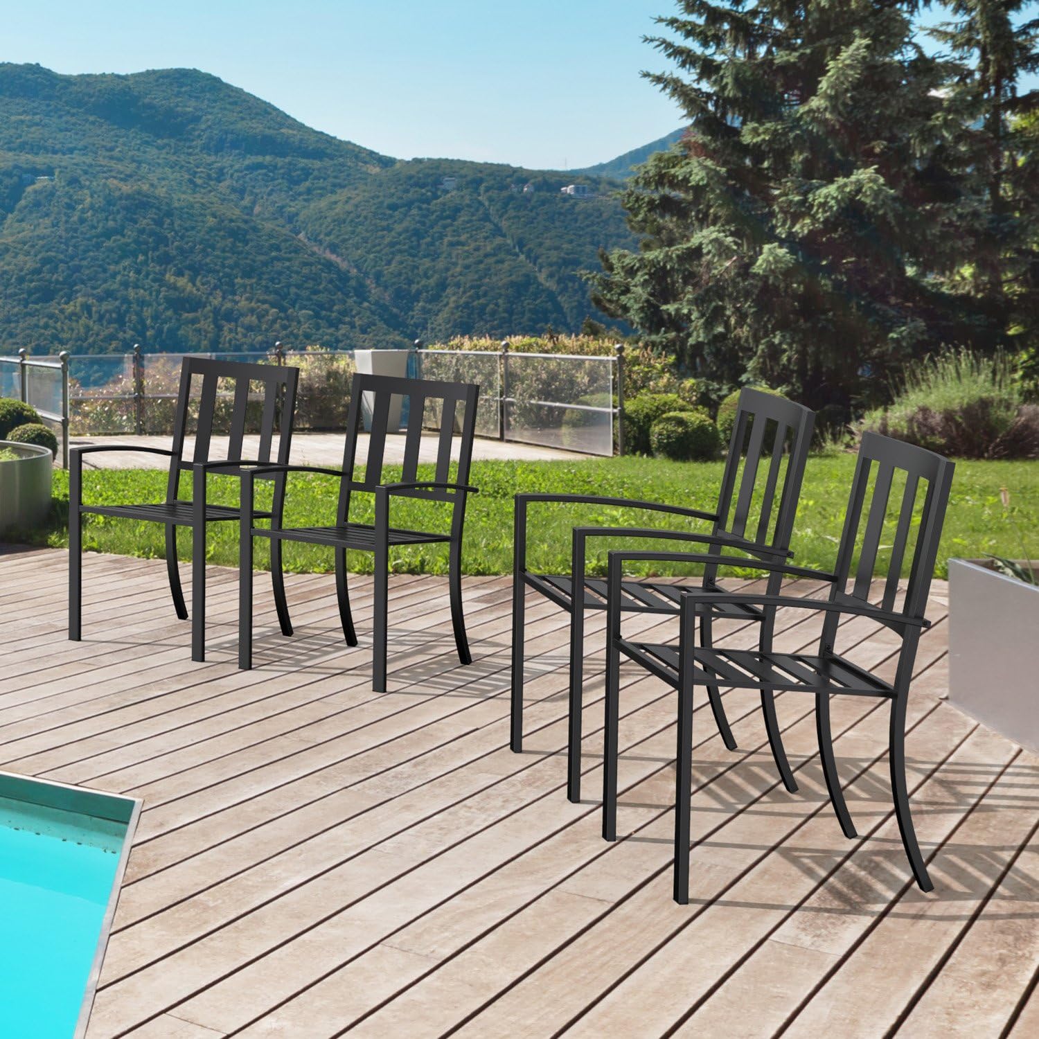 Amazon Com Ulax Furniture Outdoor Patio Dining Arm Chairs Steel Slat Seat Stacking Garden Chair Set Of 4 For Porch Backyard Kitchen Dining