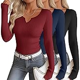 Oakgarden 3 Pack Women's Long Sleeve Shirts Cotton Ribbed Scoop Neck Vnotch Tops Slim Low Cut Stretch Basic Tees