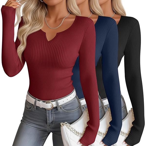 Oakgarden 4 Pack Women Long Sleeve Shirts, 95% Cotton V Neck