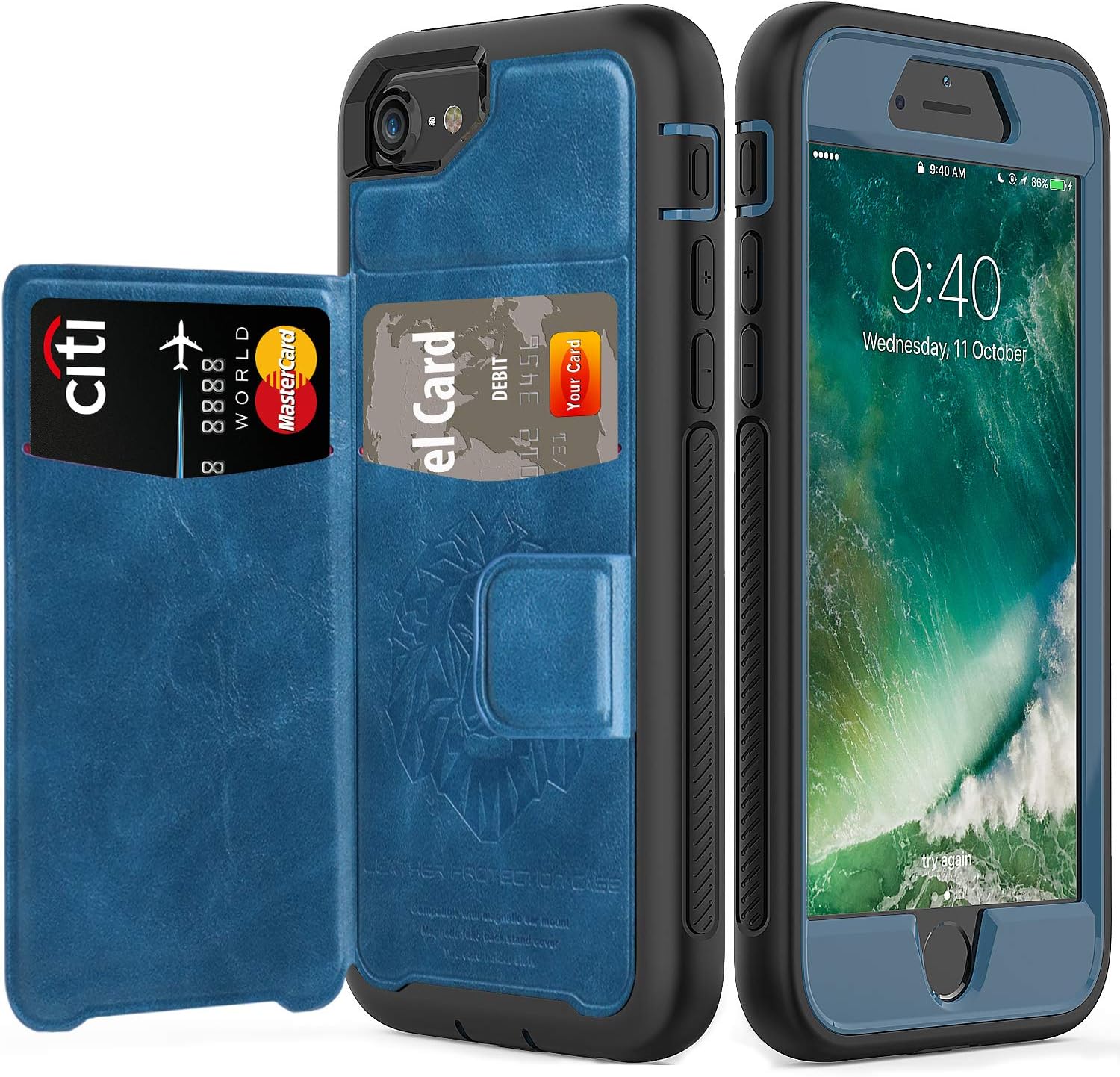 Timecity iPhone SE 2020 Case/iPhone 7 Case,iPhone 8 Card Case with Kickstand,iPhone 6s Wallet Case Only Comfortably Hold 2 Cards. Protective Leather Case for iPhone 6/7/8 4.7 Inch-Black+Blue