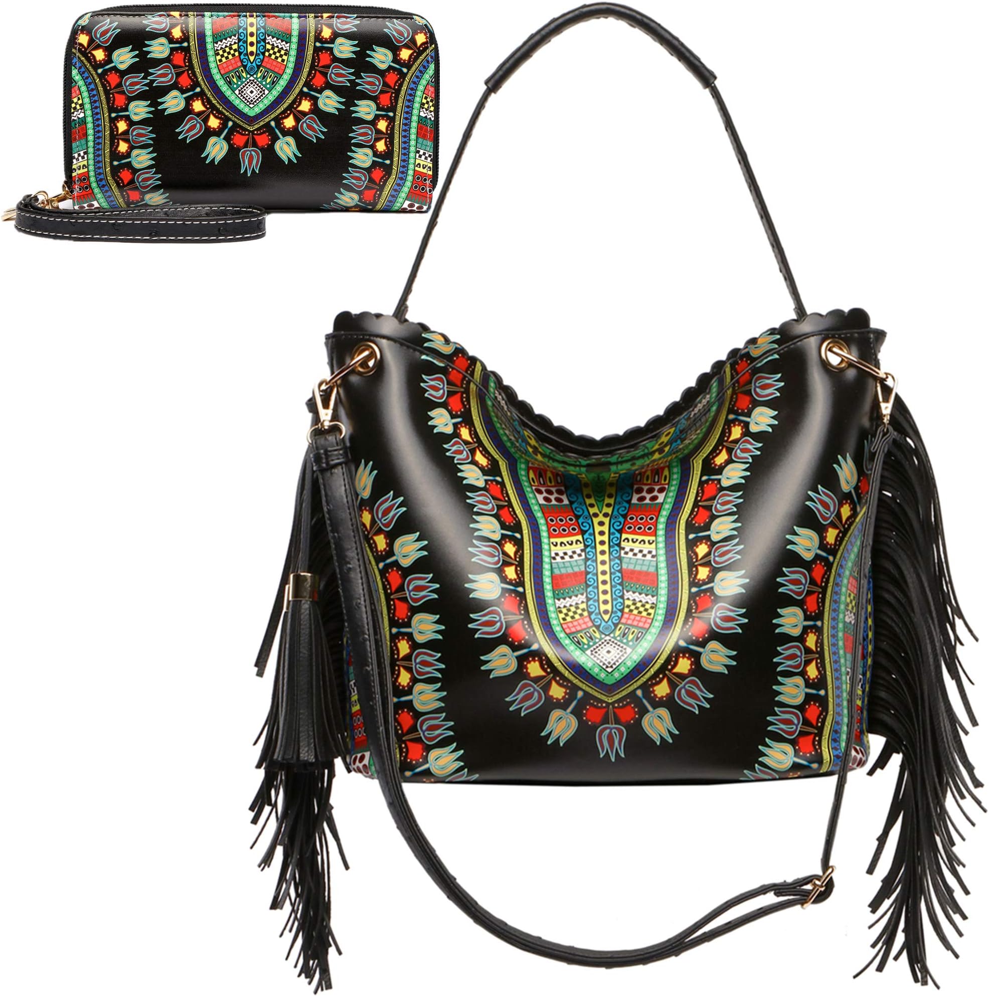Bright African Black Dashiki Ostrich Fringe Tassels Western Country Handbag Women Shoulder Bag Wallet Set