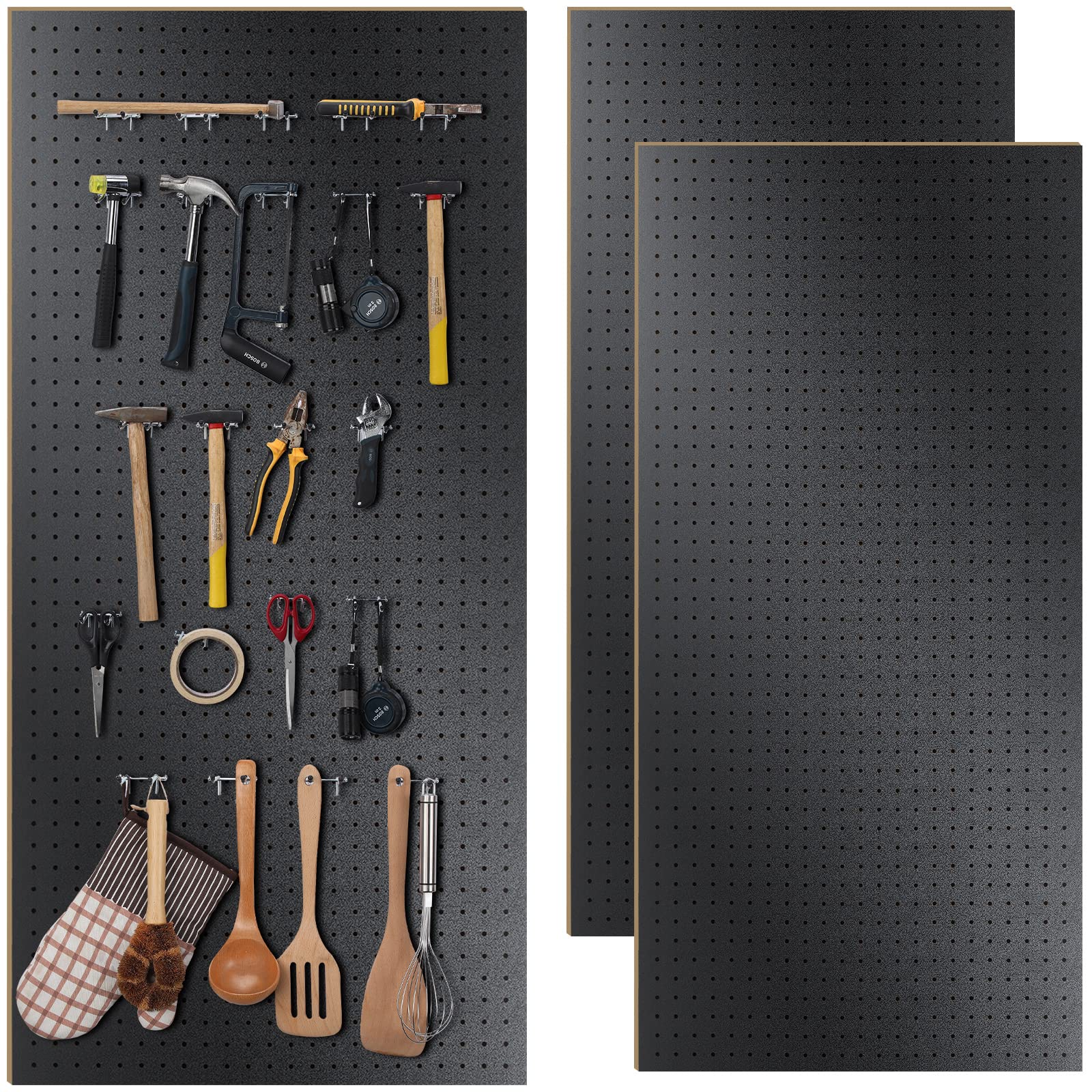 Photo 1 of 2 Pcs Wood Pegboard High Density Fiberboard 24 x 48 Inches Wall Mount Display Black Pegboard with Mounting Hardware Round Hole Peg Boards for Walls, Garage Craft Room Workshop Organizers and Storage