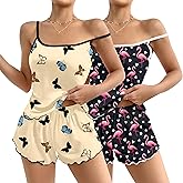 Ekouaer 2 Pack Womens Cami Pajama Sets Cute Print Tank Top Pjs and Shorts Camisole Lounge Set