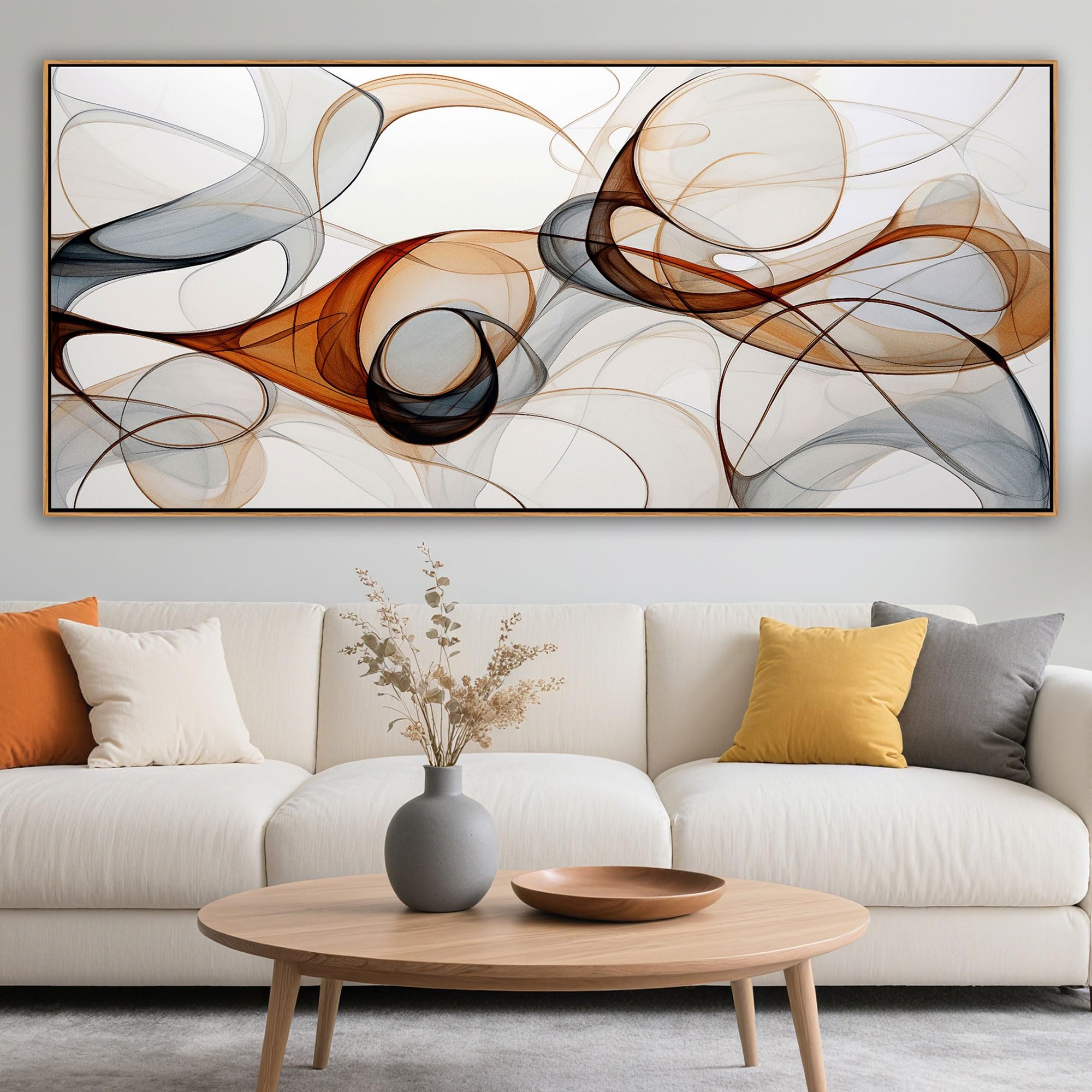 Photo 1 of **FRAME DAMAGED (BROKEN) *** KLAKLA Modern Abstract Frame Wall for Living Room Gray and Brown Designs Colorful Curves and Translucent Medium Office Wall Decor Picture Artwork for walls - 70x31 Inches