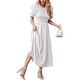 dowerme Womens Summer Dresses 2026 Casual Puff Short Sleeve Crewneck Smocked Flowy Ruffle Boho Beach Party Maxi Sundress