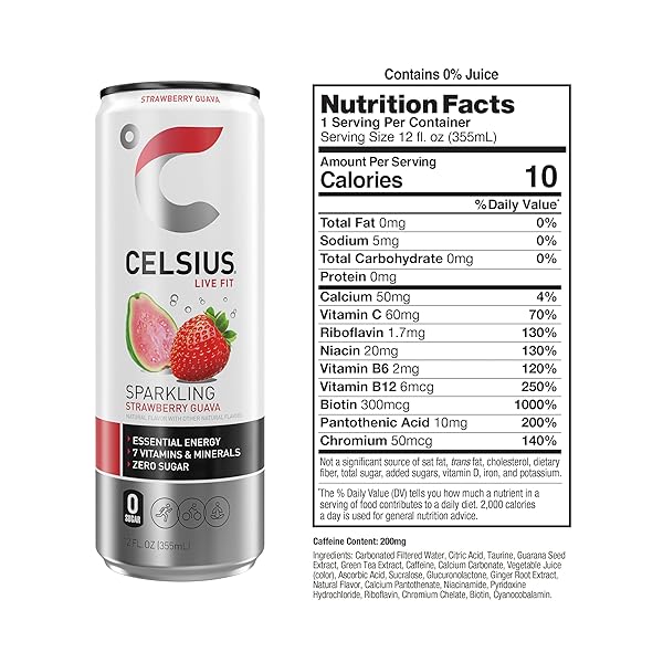 CELSIUS SPARKLING STRAWBERRY GUAVA, FUNCTIONAL ESSENTIAL ENERGY DRINK 12 FL OZ (PACK OF 12)