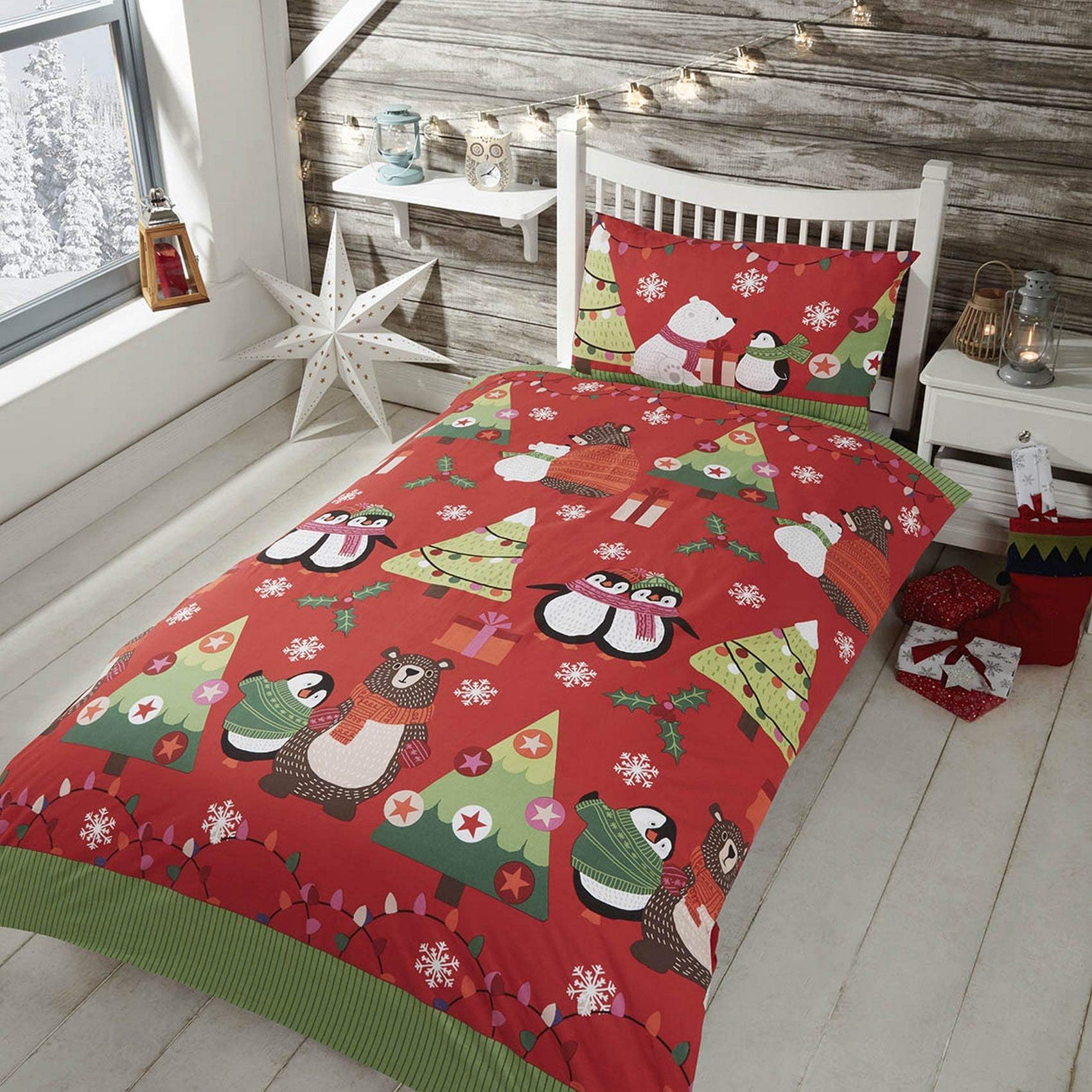 Rapport Kids Christmas Penguin Bear Duvet Cover Set, Polycotton, Red, Single