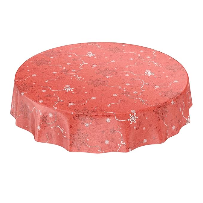 ANRO Wachstuchtischdecke Wachstuch Wachstischdecke Tischdecke Weihnachten Schneeflocken Rot Rund 140cm, Schnittkante,