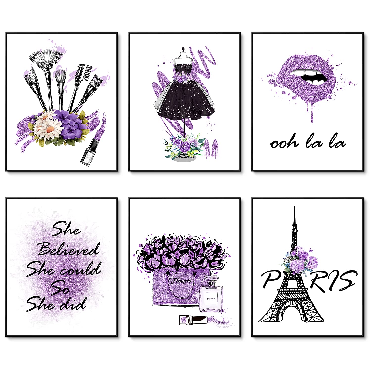 HOGEBIG Purple Makeup Posters Fashion Paris Prints Wall Art Makeup Room Artwork Set of 6 Perfume Flower Lipstick Canvas Art Posters Girl Room Decor for Bedroom (8"x10" UNFRAMED)