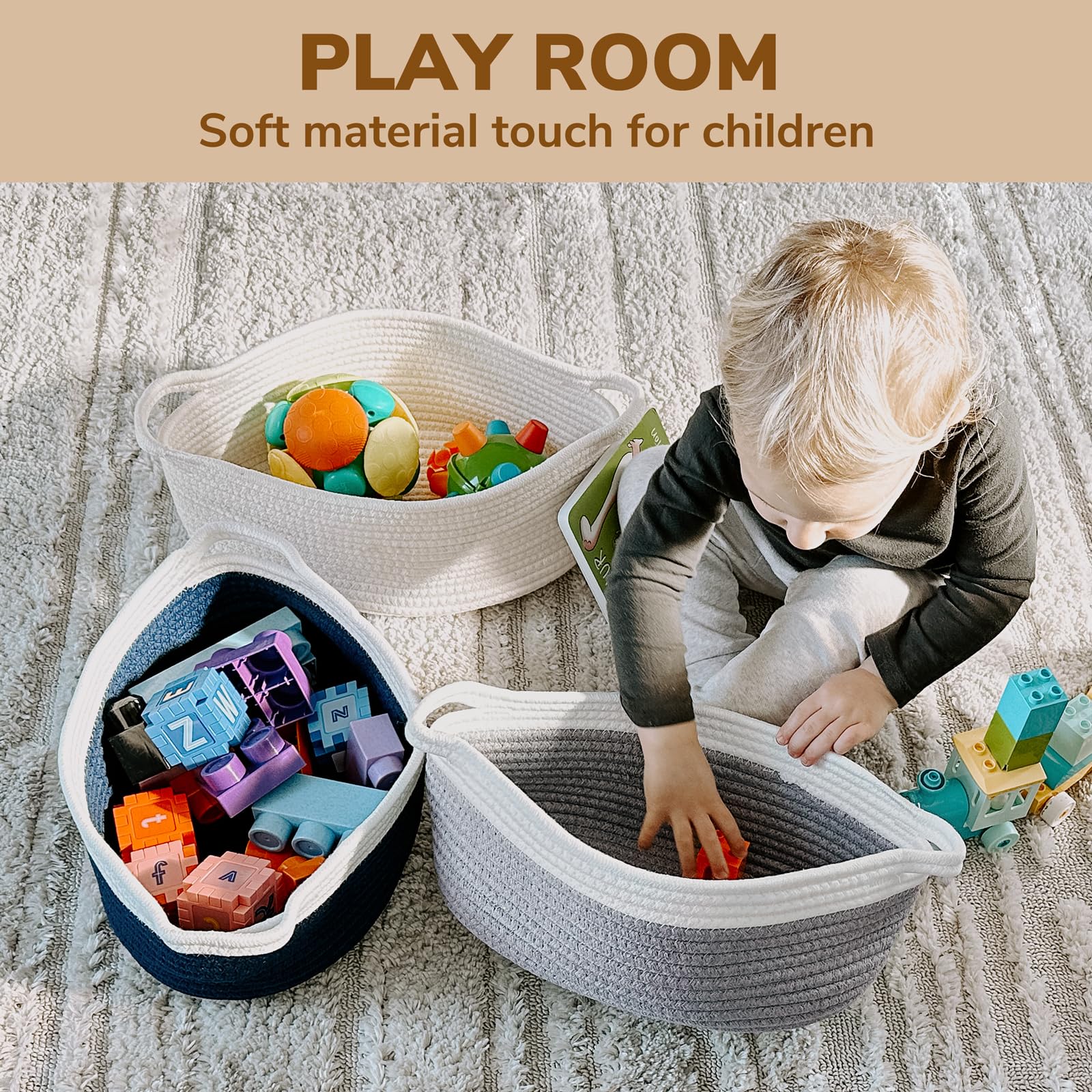 Goodpick Small Woven Storage Basket with Handles, Cotton Rope Baskets for Gifts Empty, Dog Toys, Diapers, Towels, Easter Baskets for Kids, 12