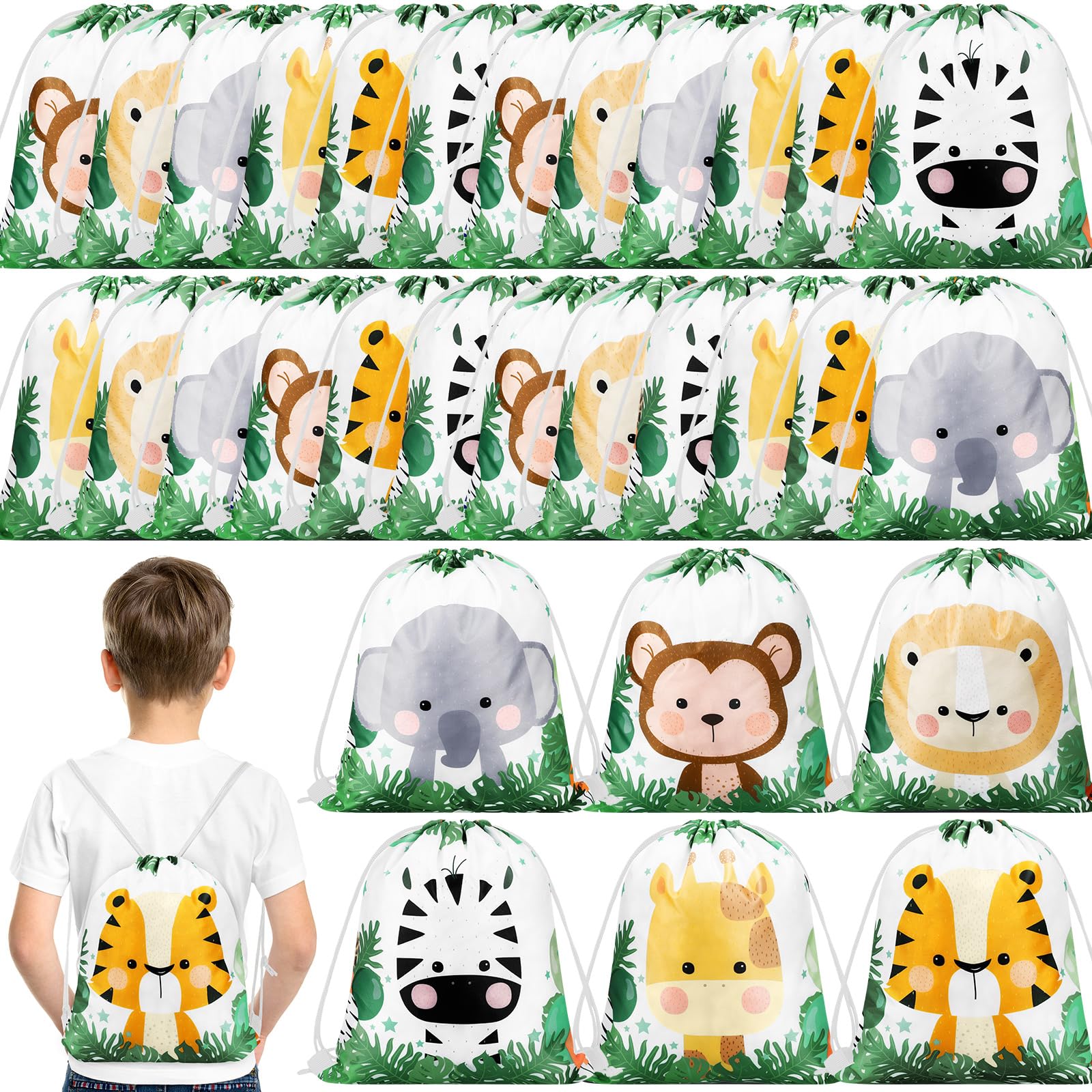 Photo 1 of Ferraycle 30 Pack Safari Drawstring Bags Animals Jungle Gift Party Favors Wildlife Goodie Treat Bags for Holiday Birthday Christmas Party Baby Shower, 9.8 x 11.8 Inch