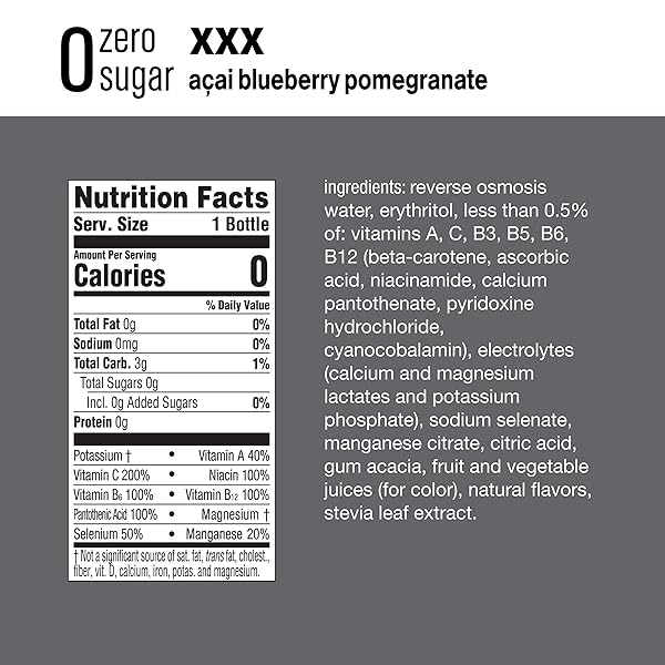 VITAMINWATER XXX ACAI-BLUEBERRY-POMEGRANATE ZERO SUGAR, FLAVORED WATER BEVERAGE, 20 FL OZ BOTTLES, 12 PACK