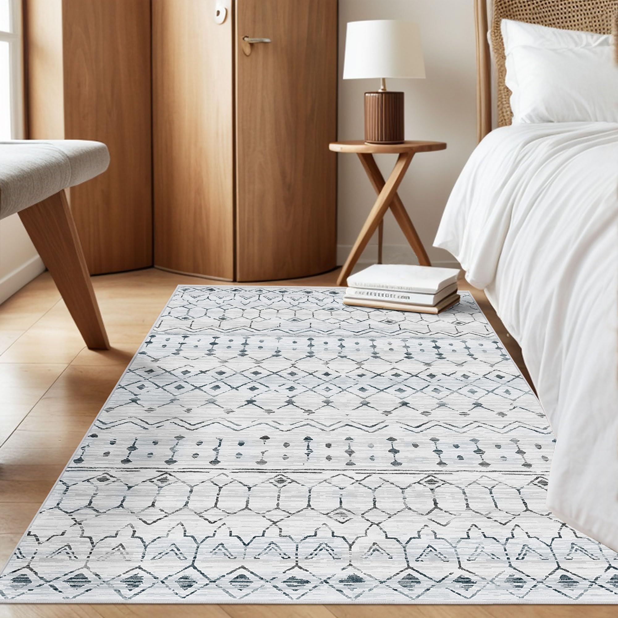 Photo 1 of Deerly 3x5 Area Rugs Boho Moroccan Farmhouse Washable Rugs Distressed Rug with Rubber Backing, Soft Low Pile Indoor Floor Carpet Neutral Rug for Entryway Kitchen Living Room, White/Dark Grey