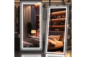 Hasipu Full Length Mirror with Lights, 67" x 24" LED Lighted Floor Standing Mirror, Full Body Dressing Hanging Mounted Mirror, Dimmable, Tempered Glass, Safe to Use, Square Black