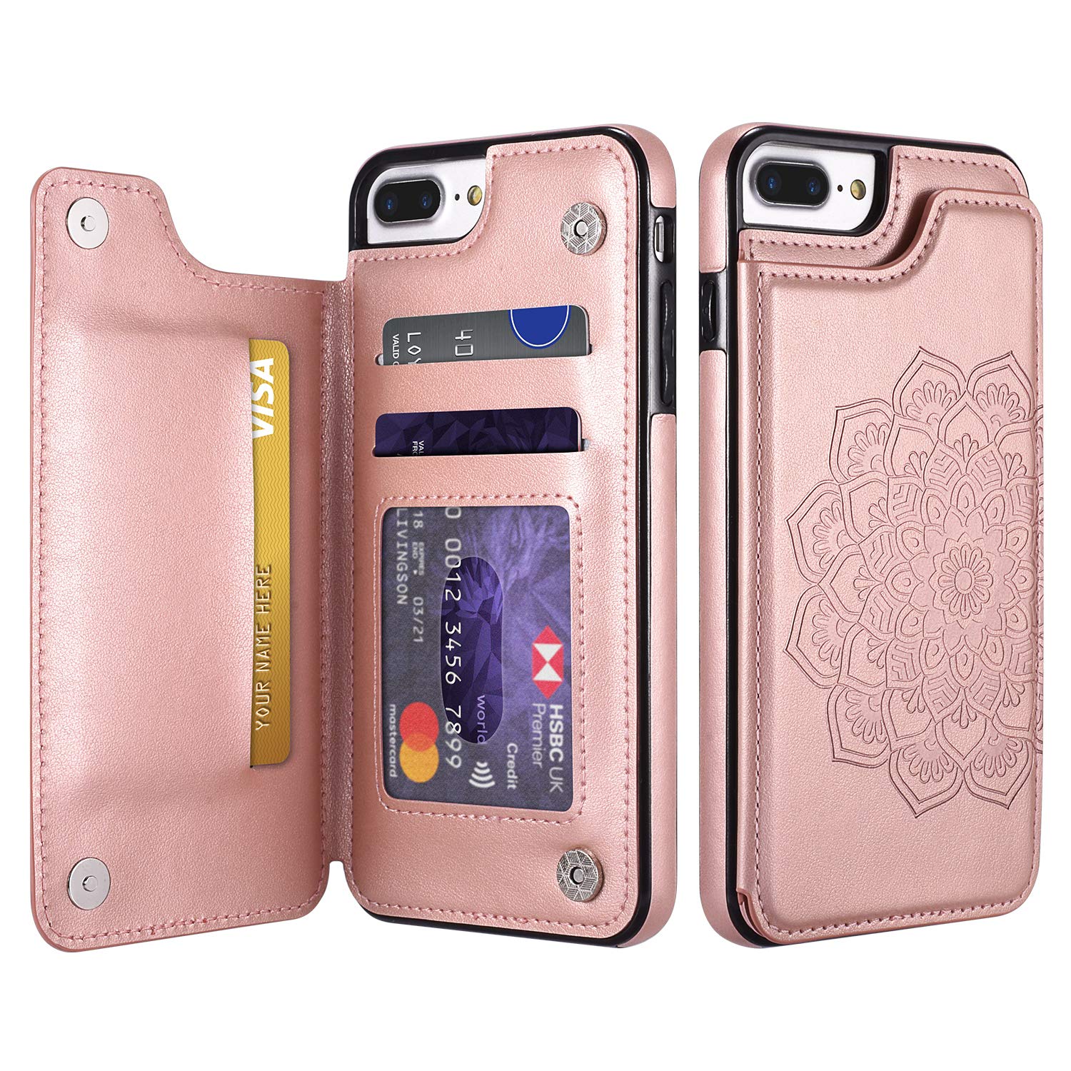 UEEBAI Case for iPhone 7 Plus iPhone 8 Plus, Luxury PU Leather Case [Two Magnetic Clasp] [Card Slots] Stand Function Embossed Mandala Pattern Half Flower Durable Soft TPU Back Wallet Cover - Rose Gold
