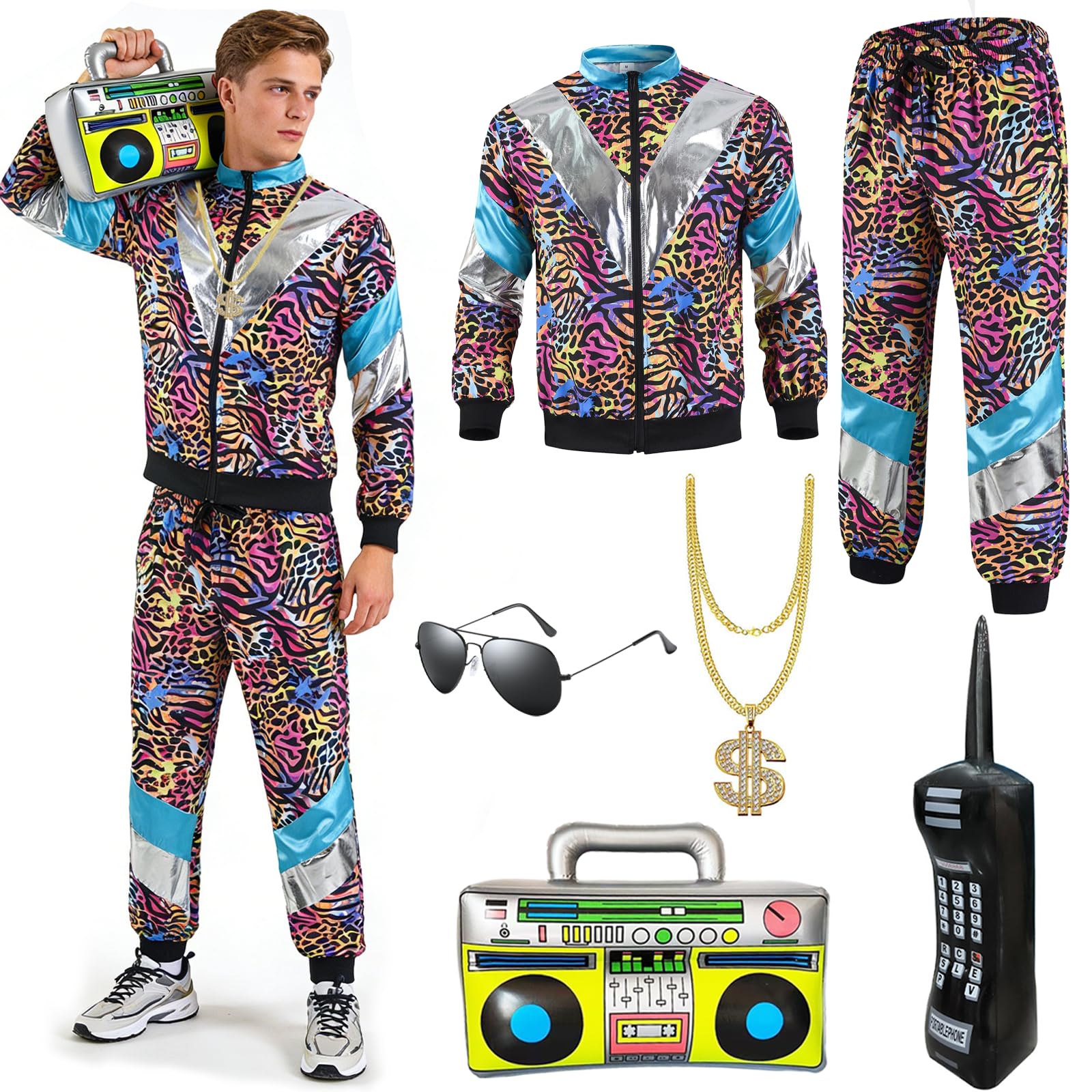 Xerteam 80s 90s Fancy Dress Men with Accessories, Retro 80s 90s Hip Hop Outfit for Adults, 80s Fancy Dress Set with 1 Sportswear Shirt Pant Hat Necklace Balloon Glasses (Leopard print, M) — image 1
