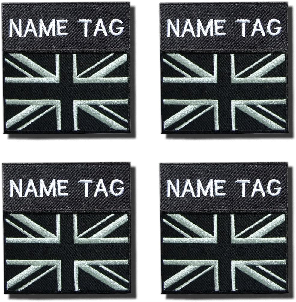 Black and White Union Jack Custom Badge Flag Name Embroidered HOOK AND LOOP FASTENER Patch, SET OF 4 ORIGINAL EMBROIDERY KING EUROPE BADGES 4 x 4 Inches (10 x 10 cm)