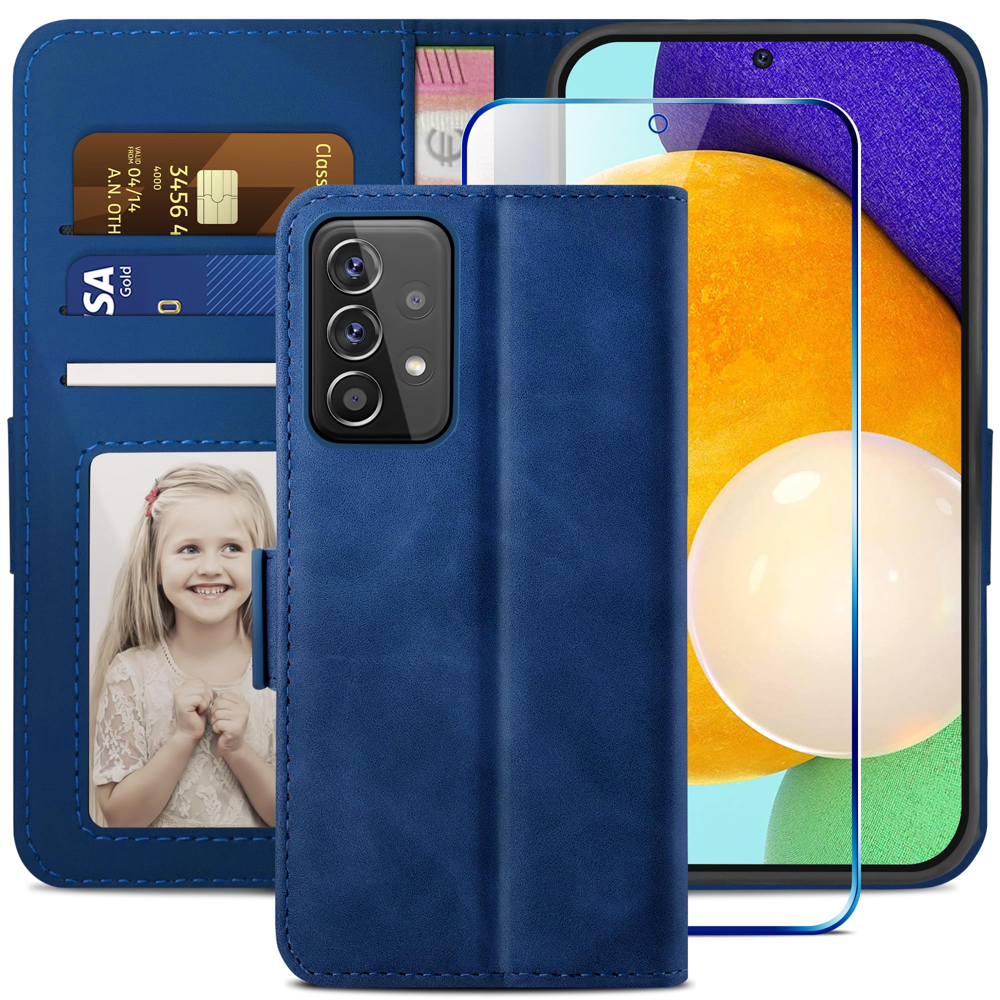 YATWIN Compatible with Samsung Galaxy A52s/A52 5G Case, Flip Wallet Leather Case with Tempered Glass Screen Protector and Card Slot Kickstand Phone Cases Cover for Samsung A52s/A52 5G - Blue