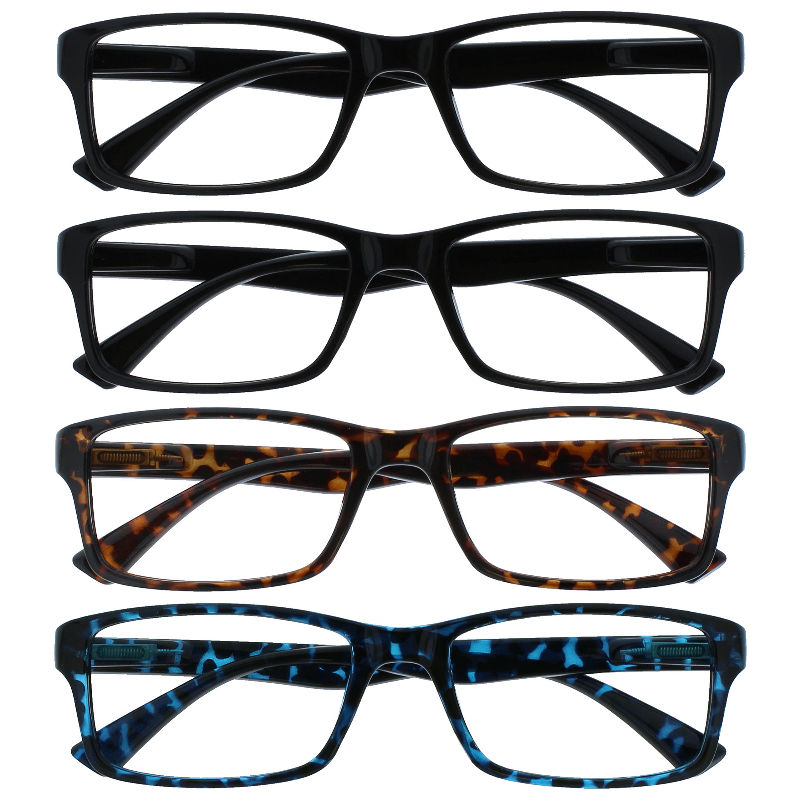 OPULIZE PEP Reading Glasses for Women Men, Large Rectangular Designer Frame with Spring Hinges, Scratch Resistant, Black, Brown, Blue +1 (Pack of 4) — image 1
