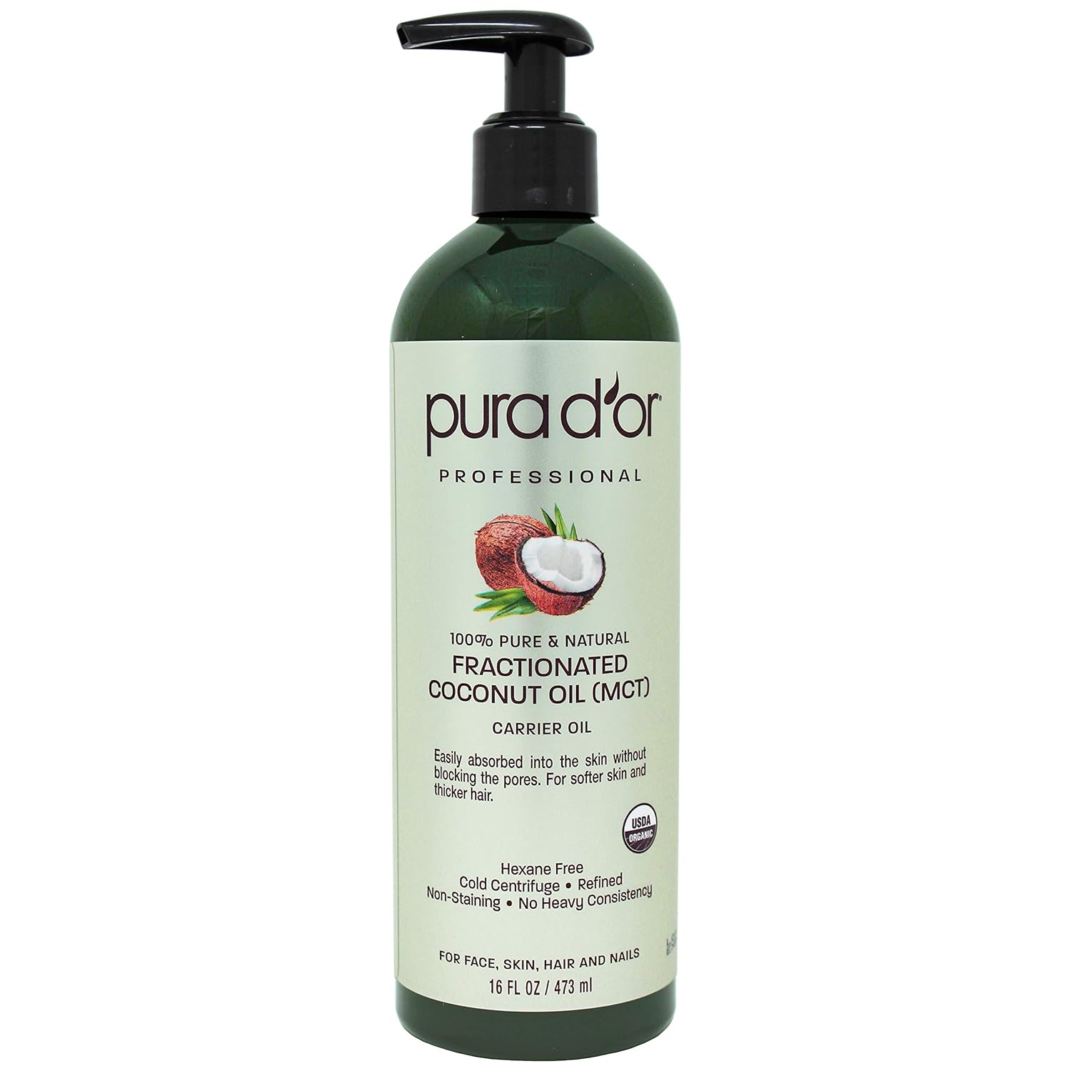 PURA D’OR Organic Fractionated Coconut Oil (16oz / 473ml) USDA Certified 100% Pure & Natural MCT Oil Sustainably Sourced Hexane Free Moisturizing Carrier Oil For Face, Skin & Hair (Packaging may vary): Beauty
