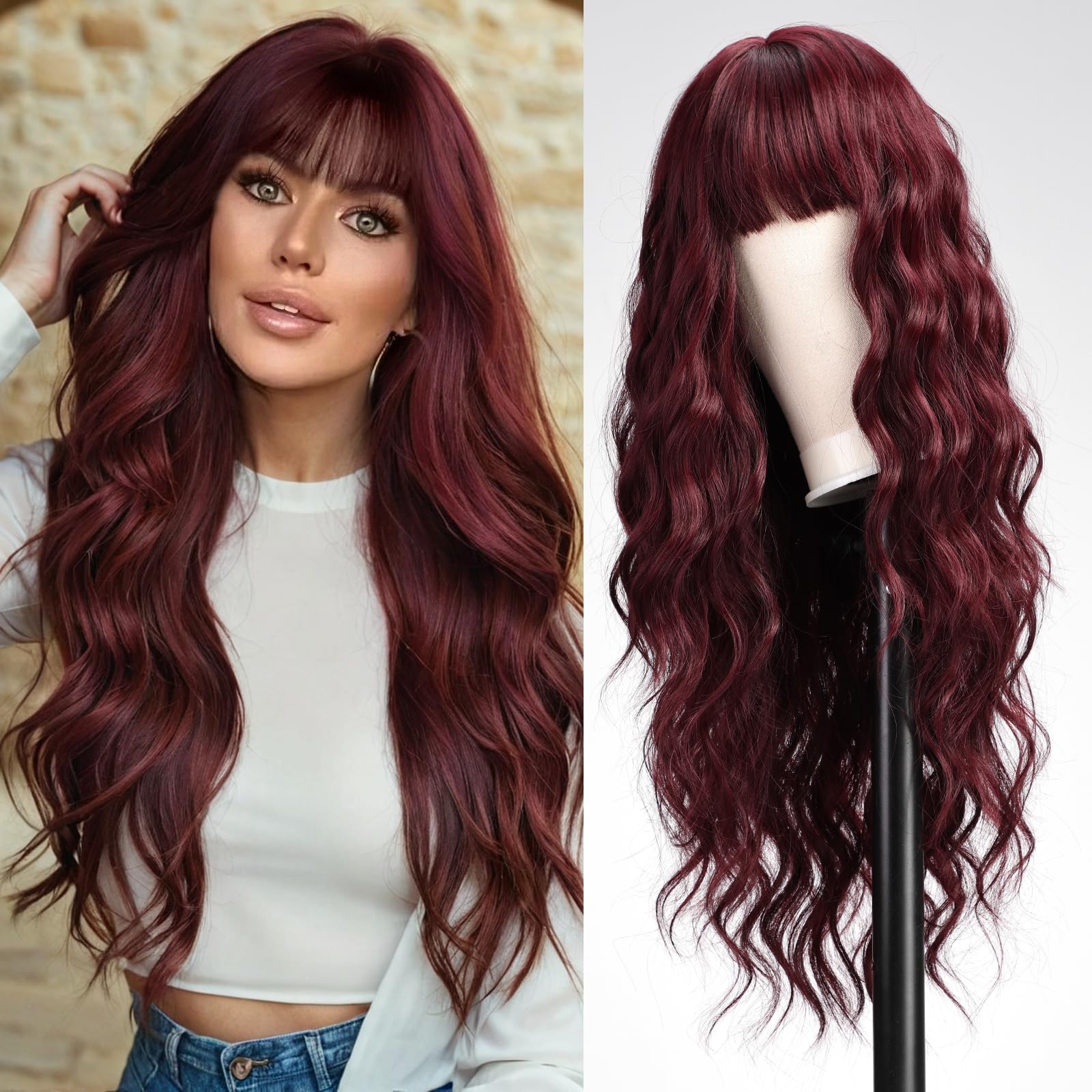 WOKESTAR Long Wavy Wine Red Wigs for Women, Heat Resistant Natural Hair with Fringe — image 1