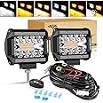 Auxbeam 4 Inch LED Driving Pods, 120W 12000LM Spot Flood Combo Triple Row Off Road Light Bar, 6 Modes Dual Color Amber White Auxiliary Flashing Fog Light for Trucks SUV ATV UTV Jeep, 2PCS