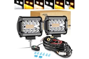 Auxbeam 4 Inch LED Driving Pods, 120W 12000LM Spot Flood Combo Triple Row Off Road Light Bar, 6 Modes Dual Color Amber White Auxiliary Flashing Fog Light for Trucks SUV ATV UTV Jeep, 2PCS