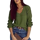 Glamaker Womens Fall Sweaters 2025 V Neck Casual Cable Knit Long Sleeve Pullover Crochet Outfits Cotton Top