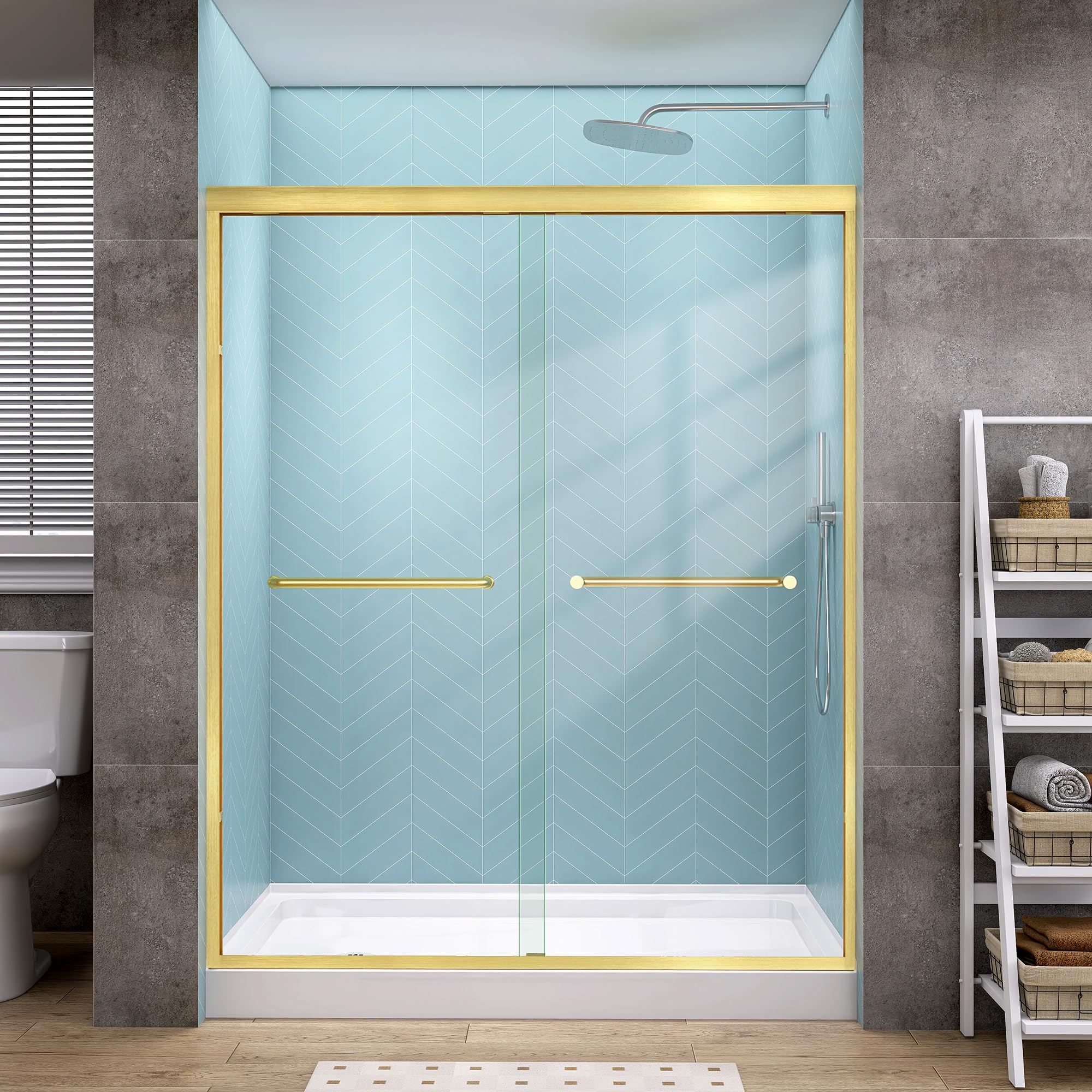 Photo 1 of **ONLY ONE DOOR IS MISSING, THE OTHER PART IS MISSING**
GETPRO Shower Door Double Sliding 57-60 in. W x 72 in. H Semi-Frameless Bypasss Bathroom Glass Shower Sliding Doors,1/4 inch Clear Tempered Glass Door for Walk-in Shower Brushed Gold