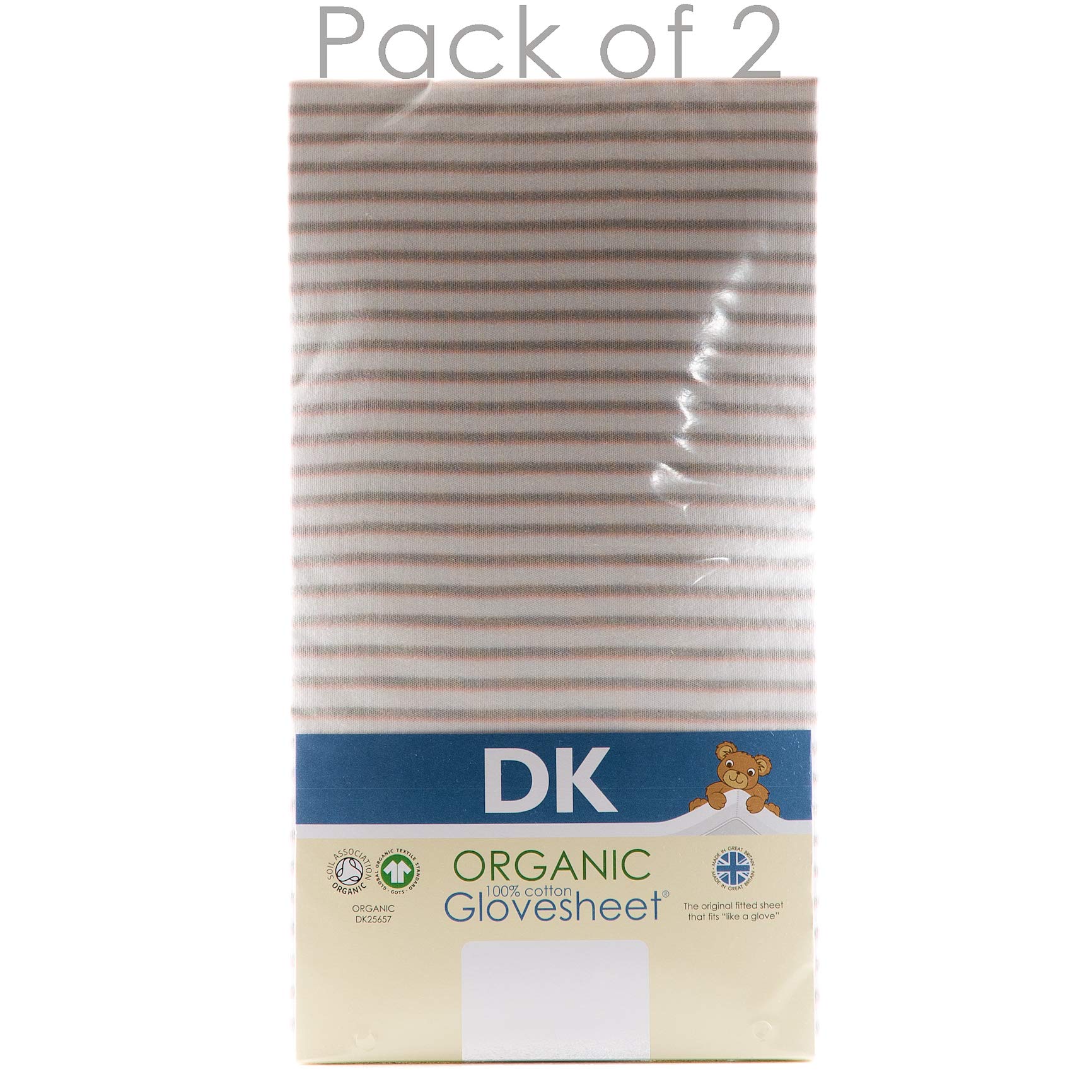 Pack of 2, 100% Organic Cotton, 83x50cm Fitted Sheets. DK Glovesheets. Bedside Crib Size, to fit Next2Me*, Lullago*, and Similar Sized mattreses. Limited Editions (Pink Grey White Stripe)