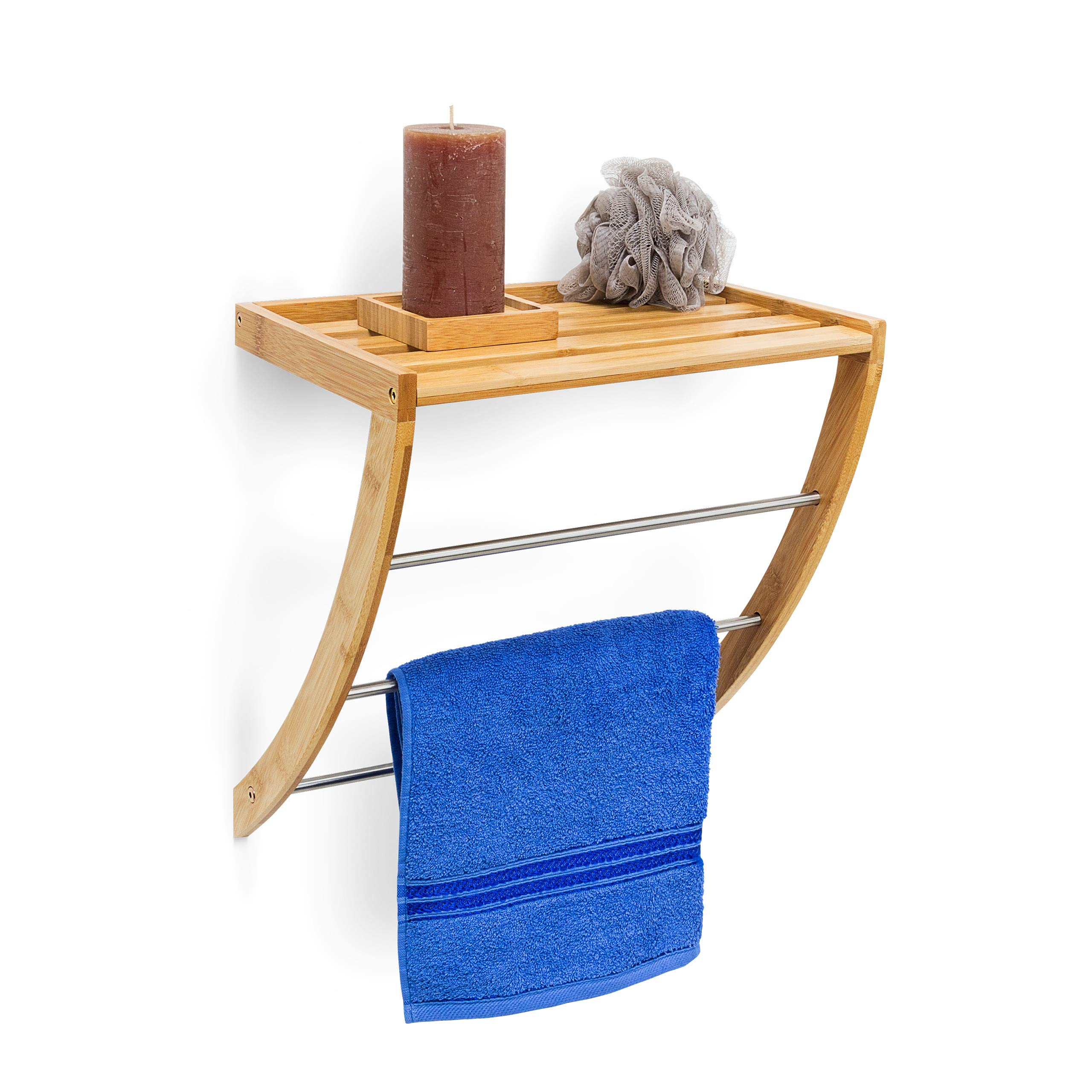 Relaxdays Bamboo Wall-Mount Towel Holder with 3 Rails Chrome-Plated Metal 40 x 38 x 24.5 cm Moisture-Resistant Wood Bathroom Shelf with Towel Rack, Natural