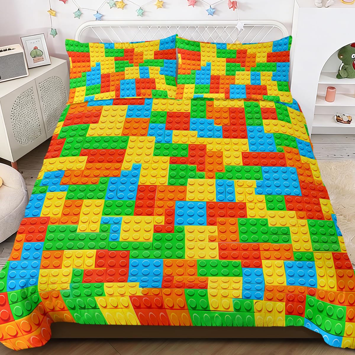BlessLiving Boys Single Size Bedding Set Colorful Plastic Toy Building Blocks Duvet Cover Set 3 Piece Toy Construction Building Blocks Printed Comforter Cover Set for Teens Kids Boys Girls (Single)