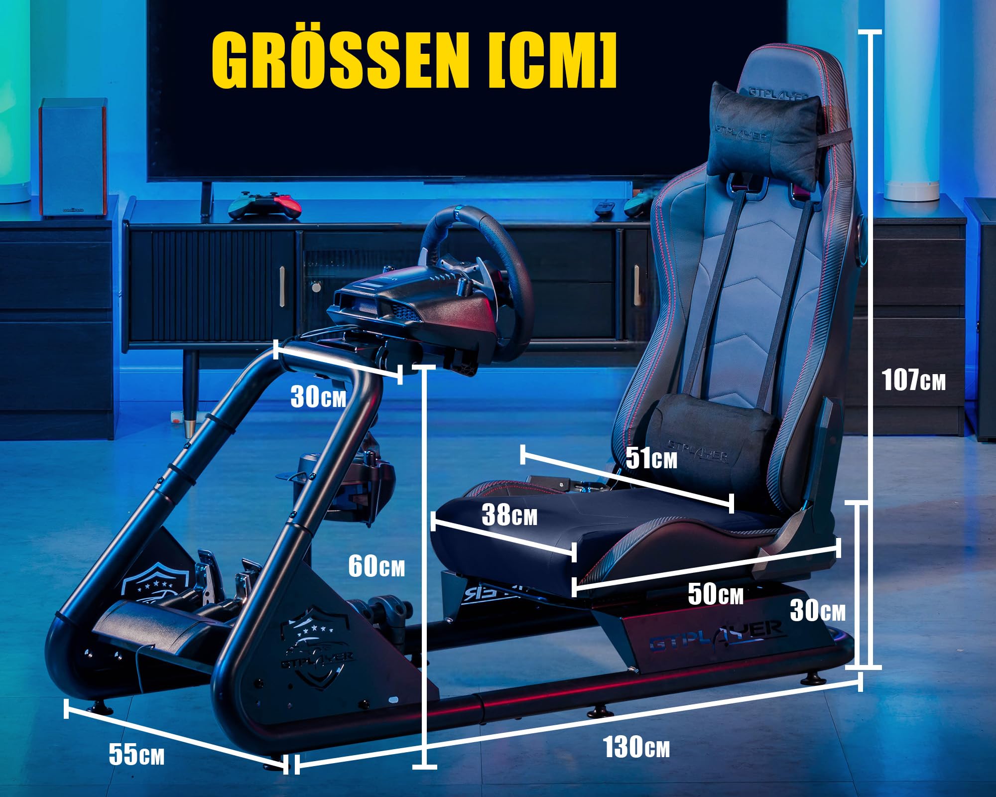 GTPLAYER Simulator Cockpit, SIM Racing Cockpit, rennsimulator lenkradständer mit Lautsprechern, Lenkrad und Pedalablage 5