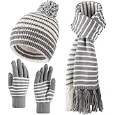 Bodvera Winter Beanie Hat Scarf Gloves Set for Women Warm Fleece Knit Pompom Hat Long Scarf Touchscreen Gloves Winter Sets