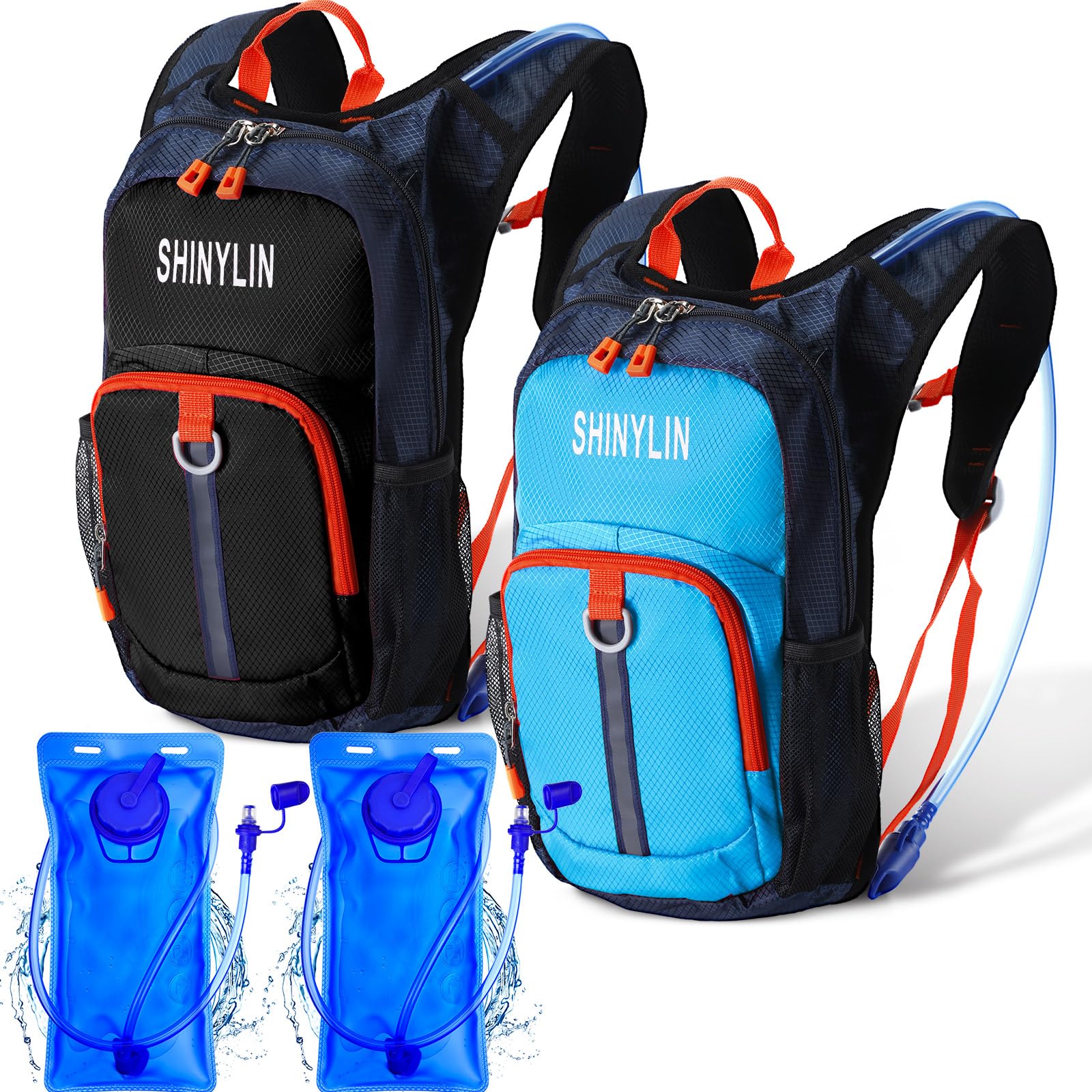 Photo 1 of Shinylin 2 Pcs Kids Hydration Backpack with 1.5l Water Bladder Lightweight Kids Hiking Backpack Water Rucksack for Boys Girls Climbing Running(Blue, Black)