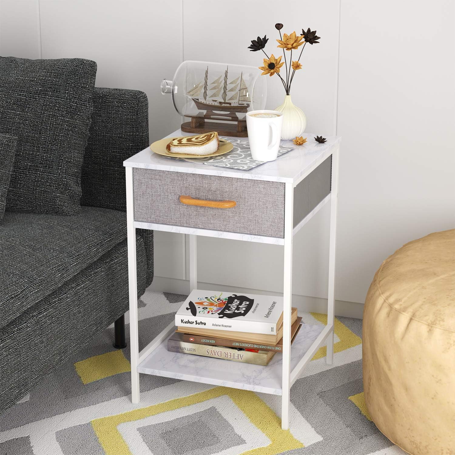 HOMFA Nightstand, 2-Tier End Table Side Table with Drawer, Shelf Dresser Storage Organizer and Open Shelf, Accent Table Modern Furniture in Bedroom Home -