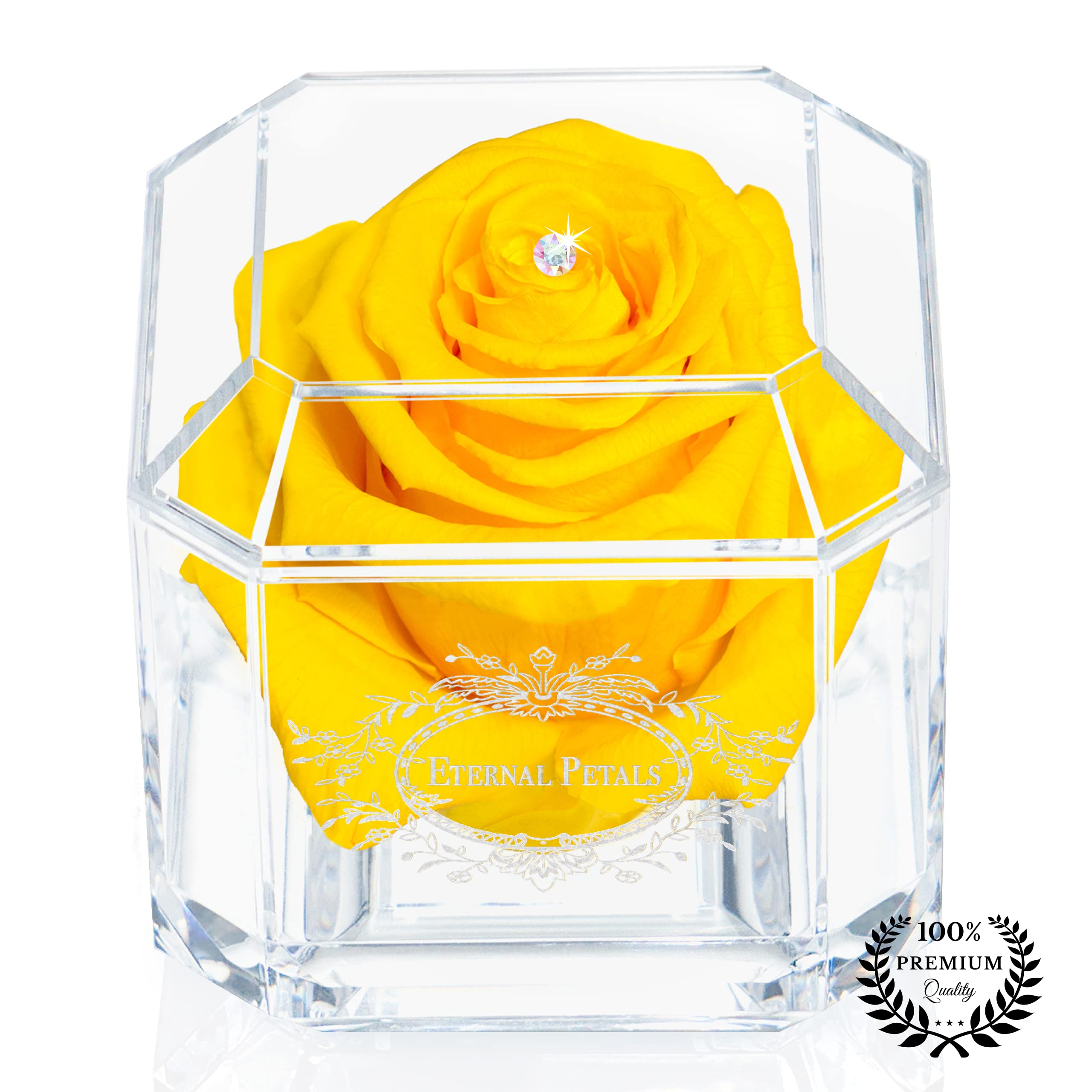 A 100% Real Rose That Lasts Years - Eternal Petals, Handmade in UK – White Gold Solo with A Multicolor Crystal (Yellow) — image 1