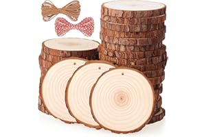 Fuyit Natural Wood Slices, 30 Pcs 3.5-4 Inch Unfinished Predrilled Wooden Circles Tree Slice with Hole & Barks for DIY Arts Craft Christmas Ornaments