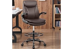 AtHope Drafting Chair Tall Office Chair Leather Executive Office Chair with Adjustable Foot Ring Flip Up Armrest - Comfy Ergonomic Desk Chairs with Lumbar Support for Office Home Studio - Brown