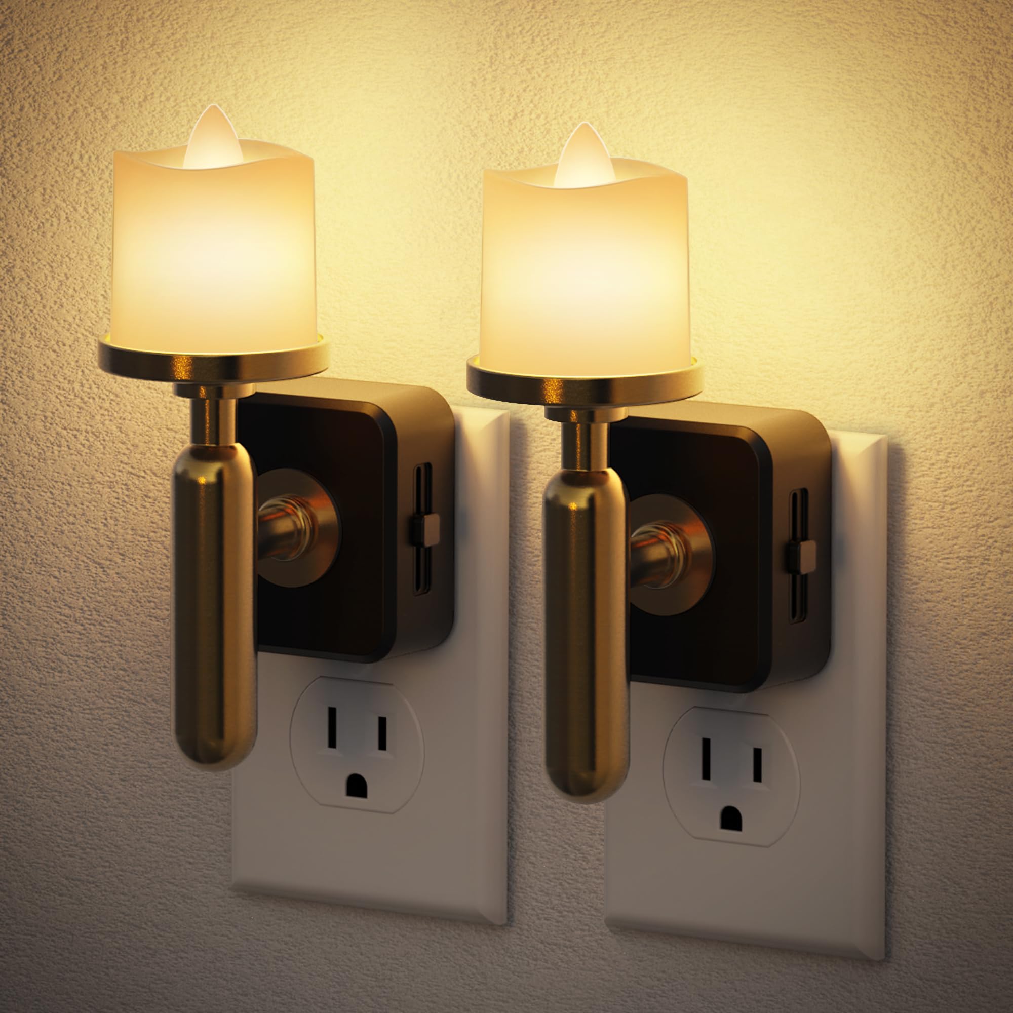 JandCase Candle Night Light, 2 Pack Night Lights Plug into Wall, 3000K Soft White, 0-100LM Adjustable Brightness, Dusk to Dawn Sensor NIghtlight for Dinning Room, Living Room, Bathroom, Hallway Image