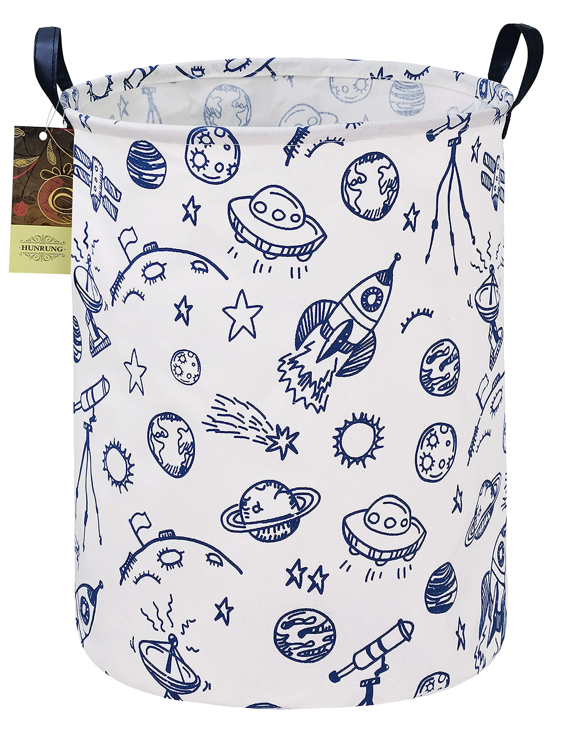 HUNRUNG Laundry Hamper for Boys,Collapsible Blue Line Art Space Storage Basket with Handles,Large Waterproof Toy Organizer Bin for Nursery,Kids Room,Playroom,Minimalist Galaxy Decor(Round Blue Planet)