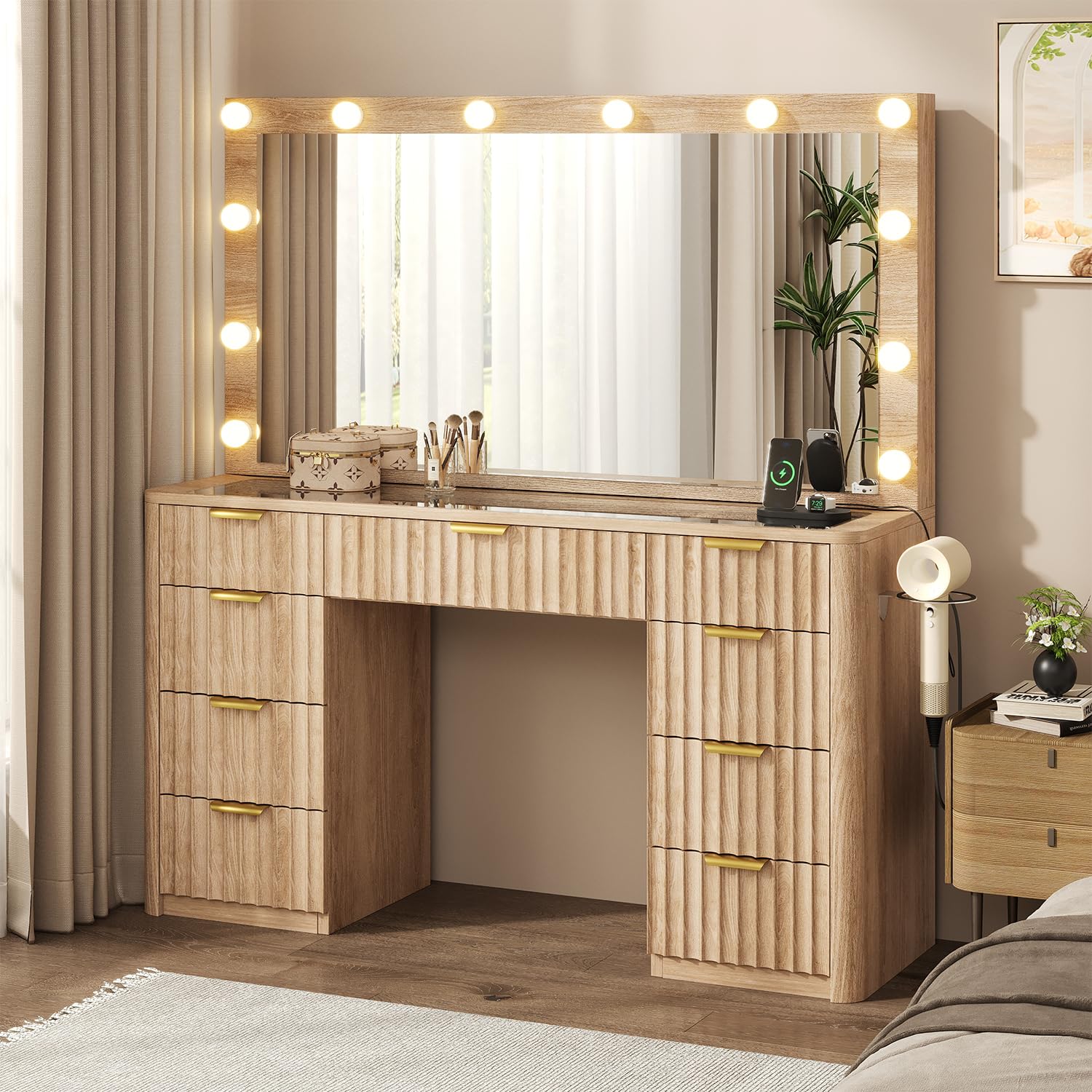 Photo 1 of *****OPENED FOR INSPECTION****47" Fluted Vanity Desk with 42" Mirror & LED Lights, Large 9 Drawers Makeup Vanity Table with Tempered Glass Top & Charging Station, Waterfall Edge Design for Women&Girls, Bedroom or Dorm, Natural Oak