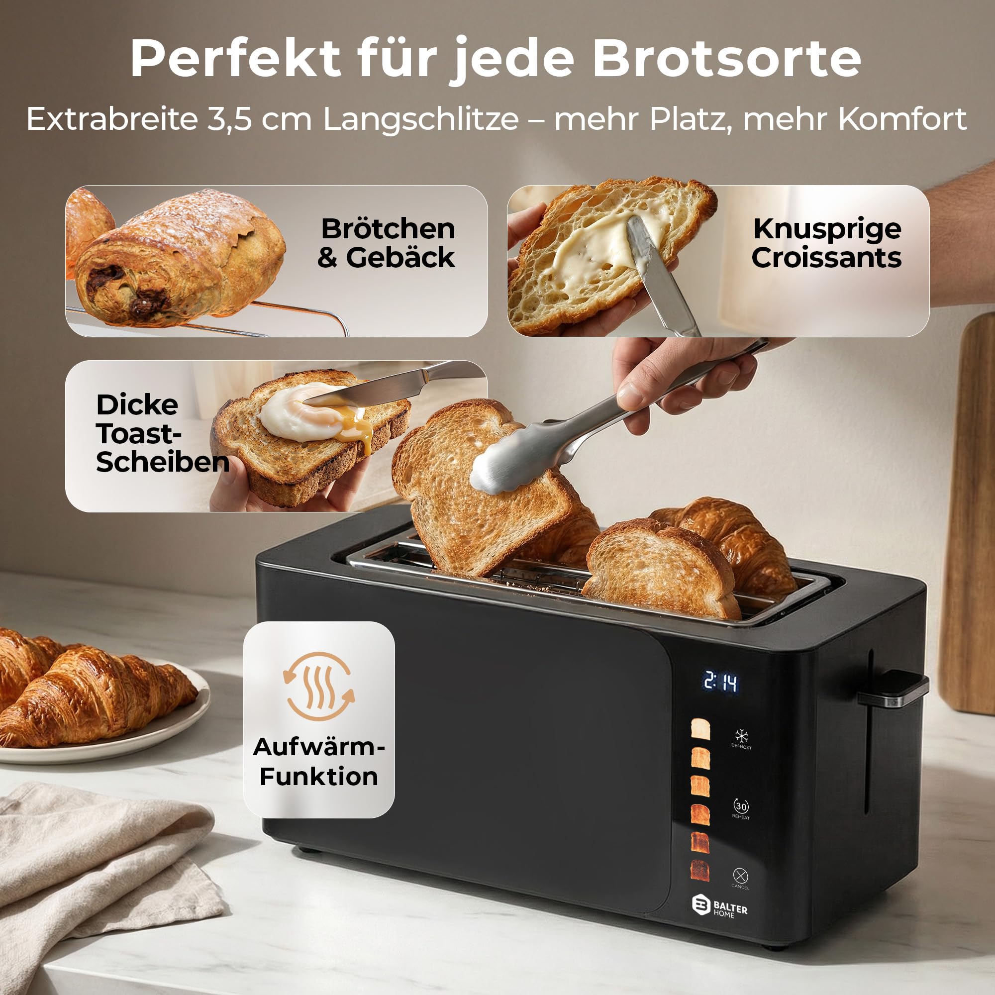 Balter Toaster 4 Scheiben, Touch Bedienung, Langschlitz, Edelstahl, Brötchenaufsatz, LCD Display Langschlitztoaster, Auftaufunktion, Brotzentrierung, TS-44 Schwarz matt 3