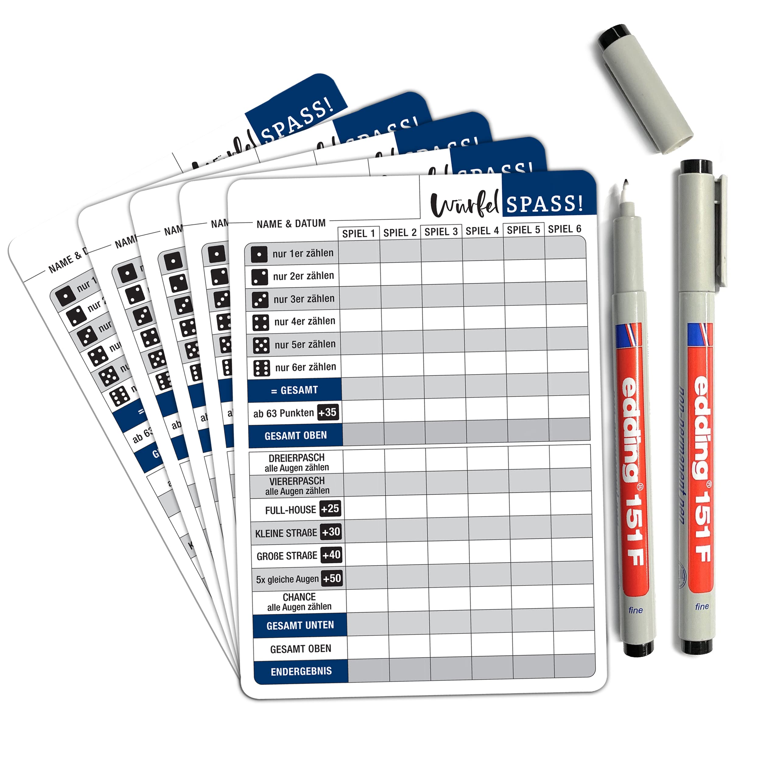 TOBJA Würfelspiel abwischbar inkl. Stifte - 5X DIN A5 Blätter wiederverwendbar mit 2 Stiften | Für Senioren Extra große Schrift/Zahlen | Reisespiele Seniorenspiele (5X abwischbar + Stifte)