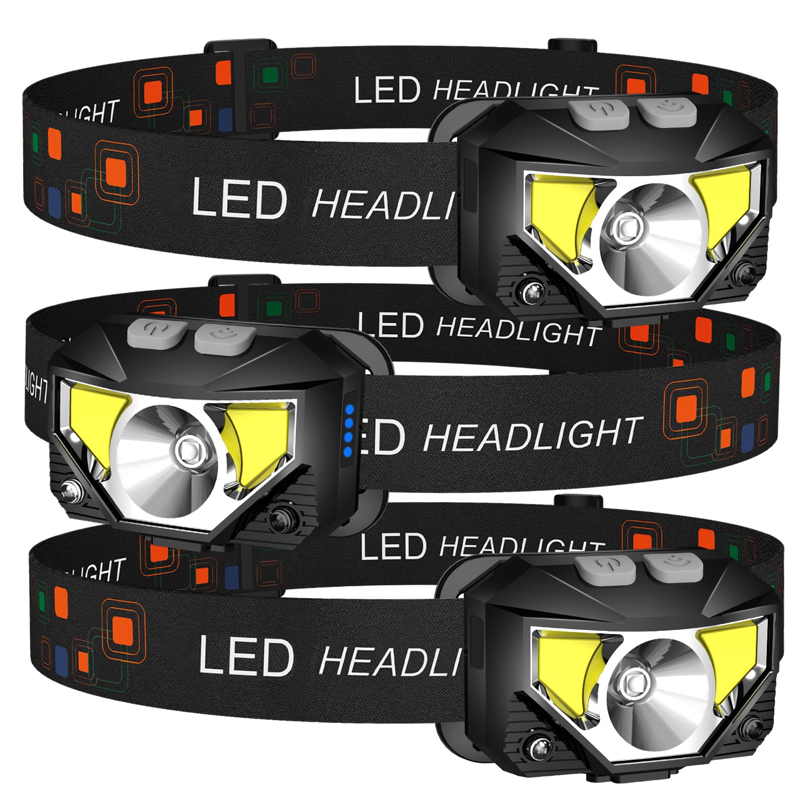 LHKNL Headlamp Flashlight,3-Pack Lumen Ultra Bright LED Rechargeable Headlight with White Red Light,Waterproof Motion Sensor Head Lamp,8 Mode for Outdoor Camping Running Cycling Fishing Image